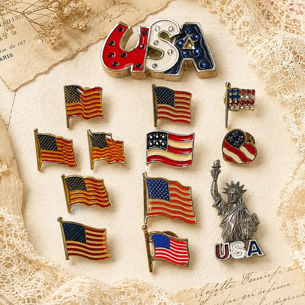 Vintage USA Flag Pin Lot American Flag Brooch Mix Patriotic Enamel Rhinestone